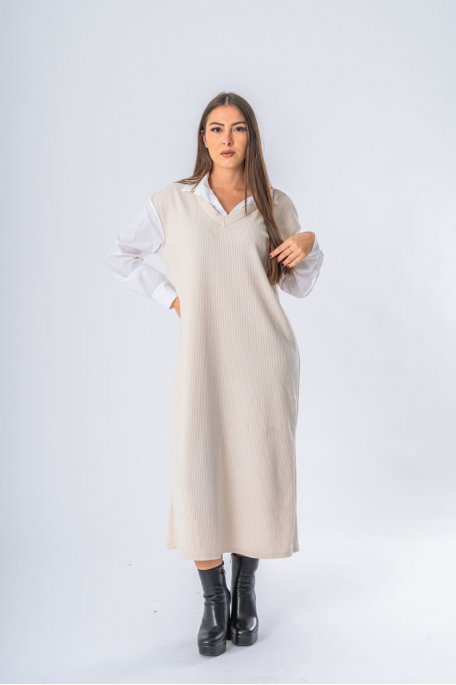 Beige long shirt sweater dress