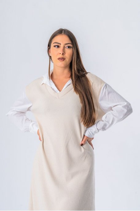 Robe pull chemise longue beige longue - vue face