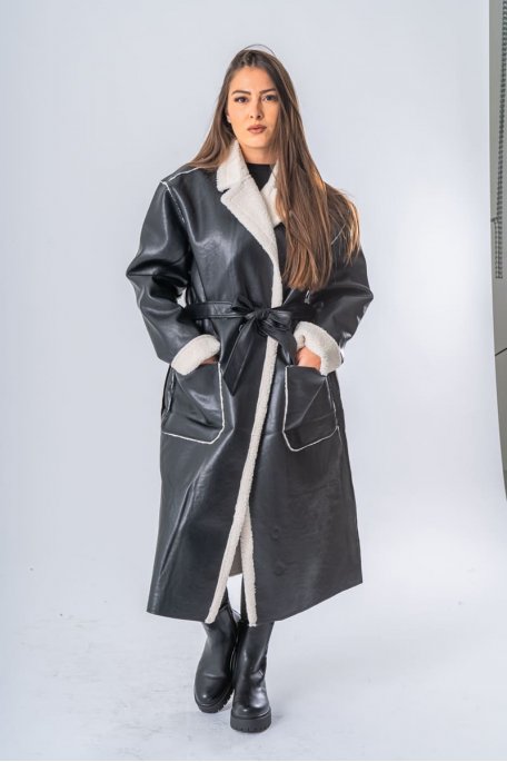 Long double-faced belted aviator coat, black