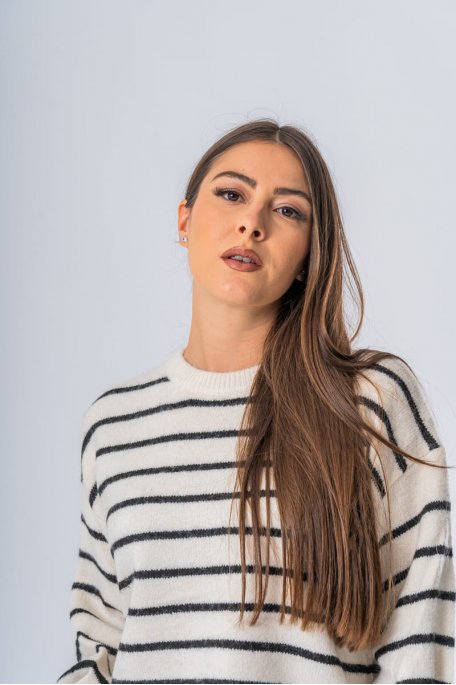 Pull col rond rayures marinières laine mélangée coloris blanc - vue détails