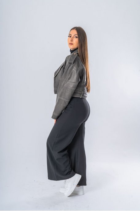 Veste style motard court en simili cuir coloris noir - vue profil