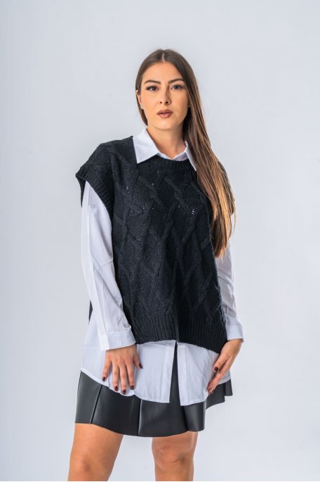 Pull sans manches chemise col rond noir - vue face détails