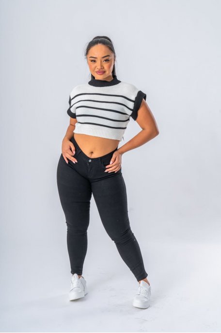 Pull rayé manches courtes blanc - vue face entier