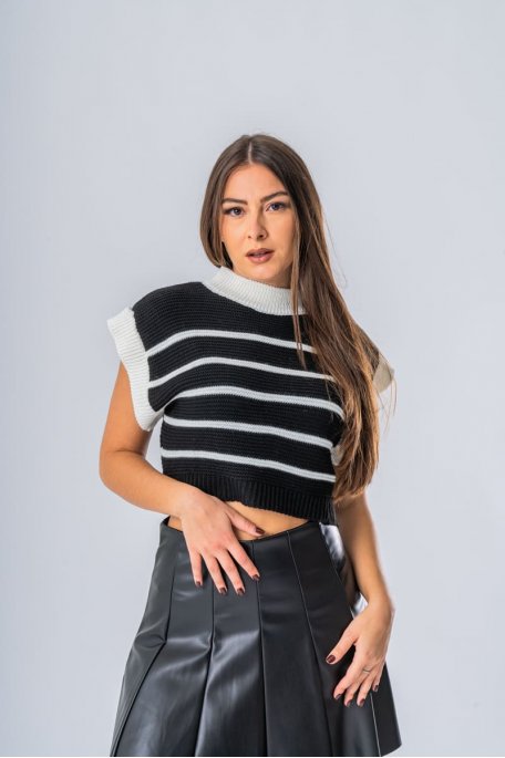 Striped short-sleeved sweater, black