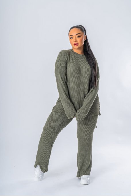 Ensemble maille pull et pantalon flare kaki - vue face kaki