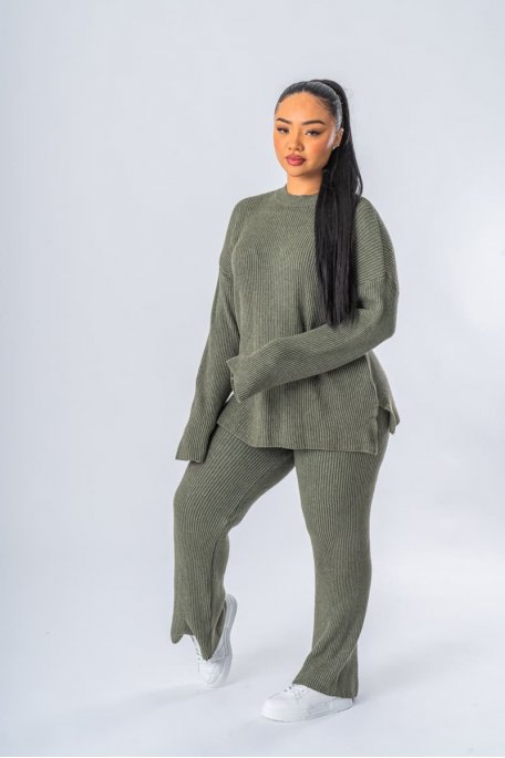 Ensemble maille pull et pantalon flare kaki - vue face entier ensemble
