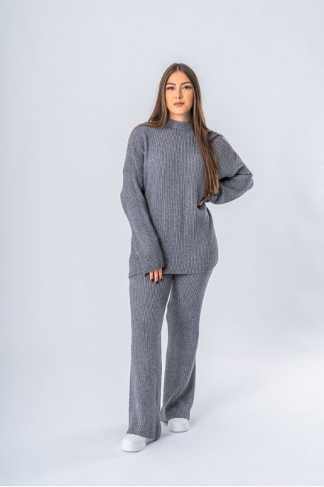 Ensemble maille pull et pantalon flare gris - vue face entier