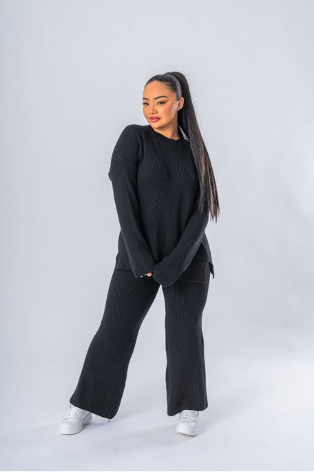 Black knit sweater and flare pants set