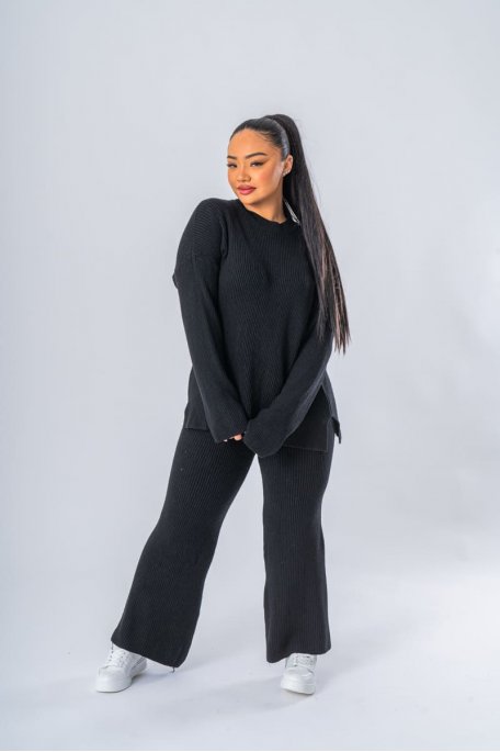 Ensemble maille pull et pantalon flare noir - vue face entier