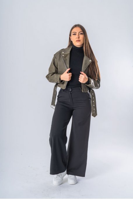 Blouson style motard simili cuir kaki - vue face entier