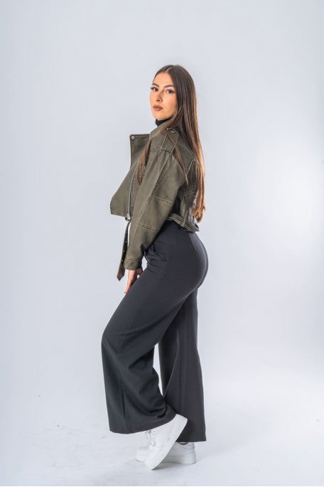 Blouson style motard simili cuir kaki - vue profil