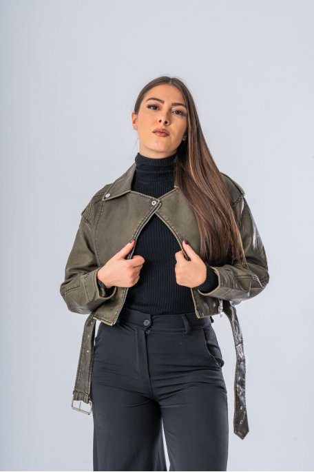Blouson style motard simili cuir kaki - vue portrait
