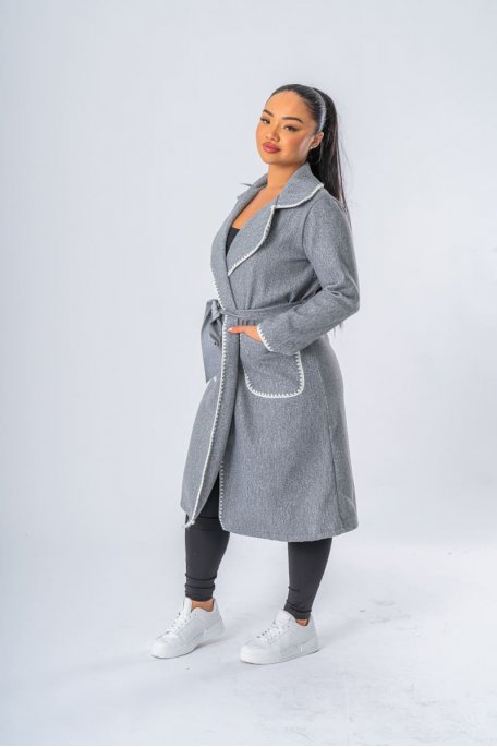 Manteau long à bords crochetés gris - vue profil