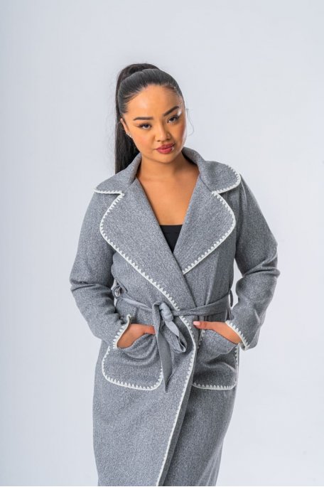 Long coat with grey crocheted edges