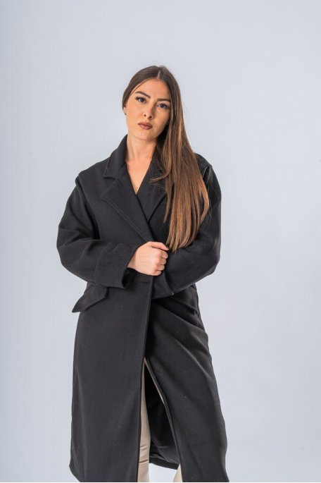 Manteau long coupe large noir - vue face portrait