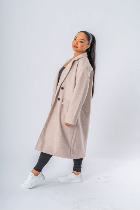 Manteau long double boutonnage beige - vue profil