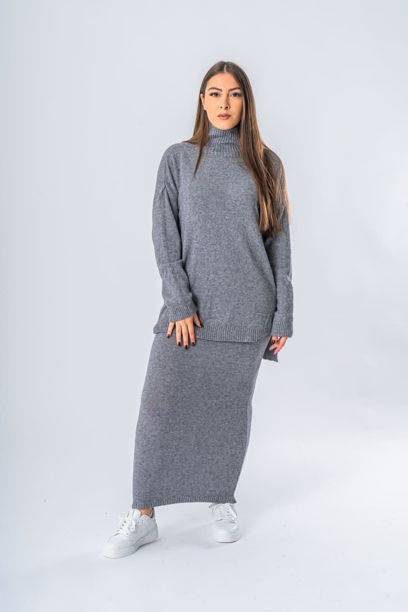 Ensemble pull et jupe ultra doux gris - vue face entier