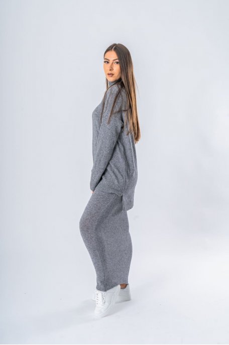 Ensemble pull et jupe ultra doux gris - vue profil