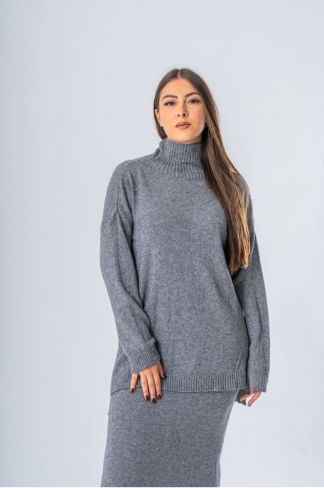 Ensemble pull et jupe ultra doux gris - vue face portrait