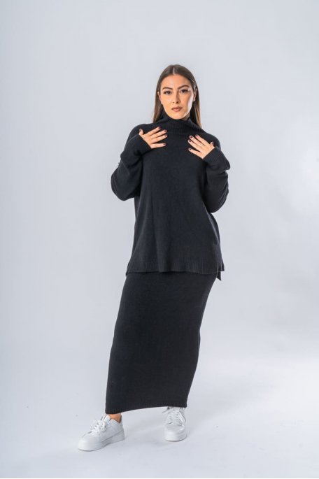 Ensemble pull et jupe ultra doux noir - vue face entier