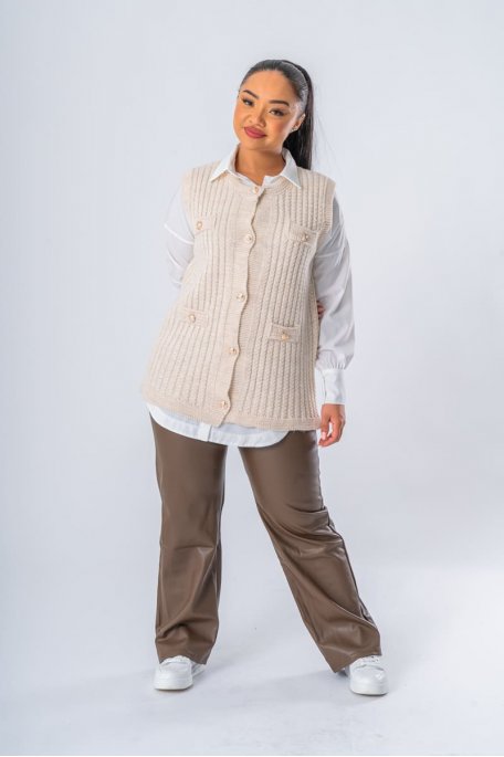 Beige knitted sleeveless cardigan