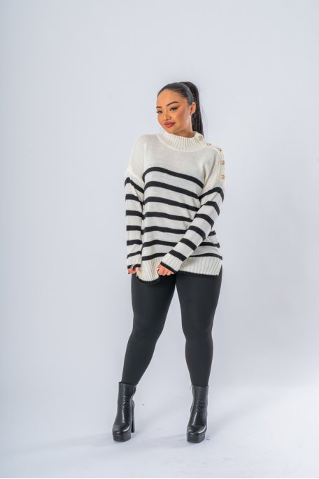Pull oversize rayé boutons officiers blanc - vue face entier
