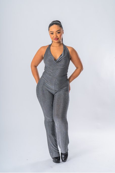 Glitzernder Jumpsuit mit silbernem Drapé-Ausschnitt