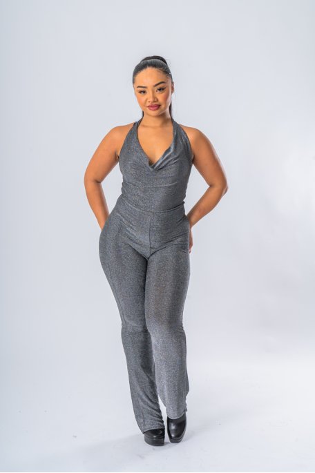 Sparkling jumpsuit with silver draped neckline