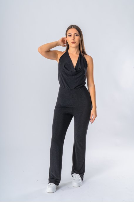 Glitzernder Jumpsuit mit drapiertem Ausschnitt schwarz