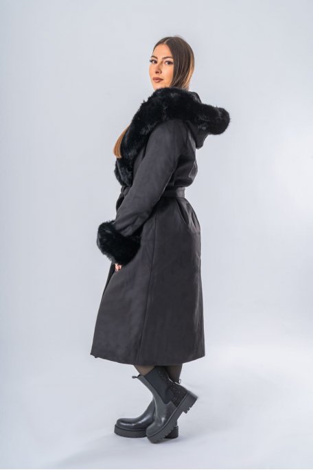 Manteau ceinturé capuche et manchettes fausse fourrure noir - vue profil