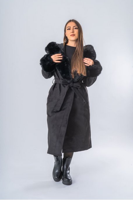Belted coat with hood and black faux fur cuffs