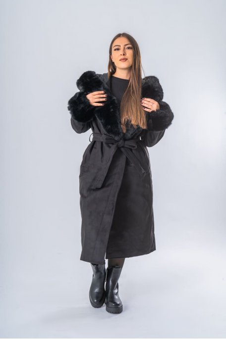 Manteau ceinturé capuche et manchettes fausse fourrure noir - vue face entier