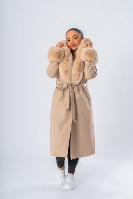 Manteau ceinturé capuche et manchettes fausse fourrure beige - vue face