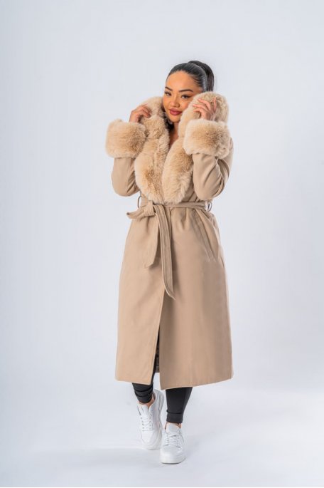 Belted coat with hood and beige faux fur cuffs