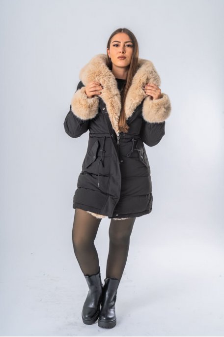 Slim-fit faux fur parka with hood, black