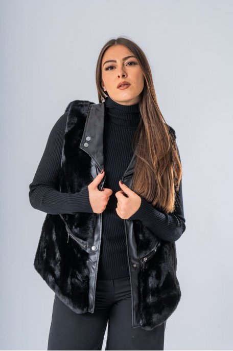 Sleeveless faux fur zipper jacket black