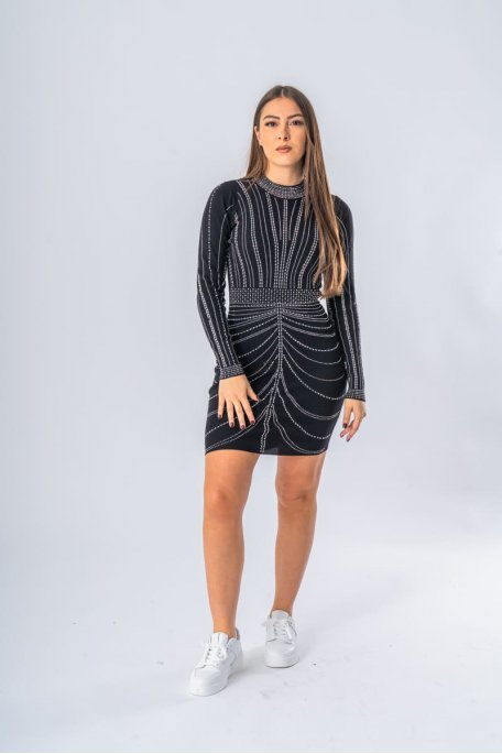 Robe moulante à strass manches longues noir - vue face entier