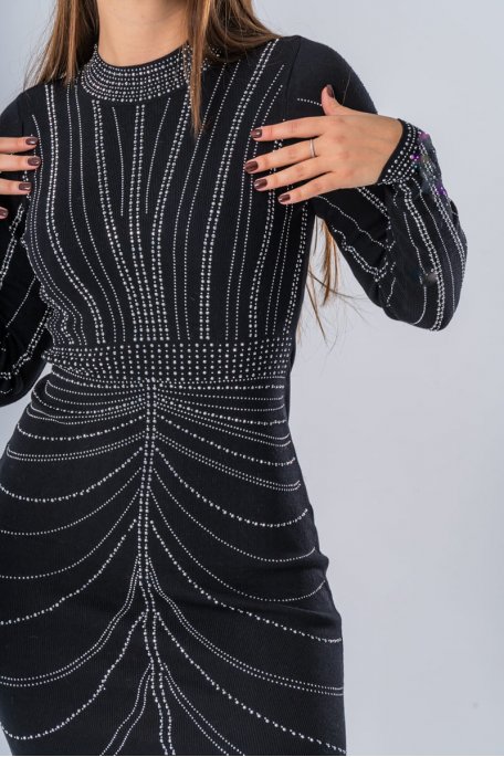 Robe moulante à strass manches longues noir - vue détails