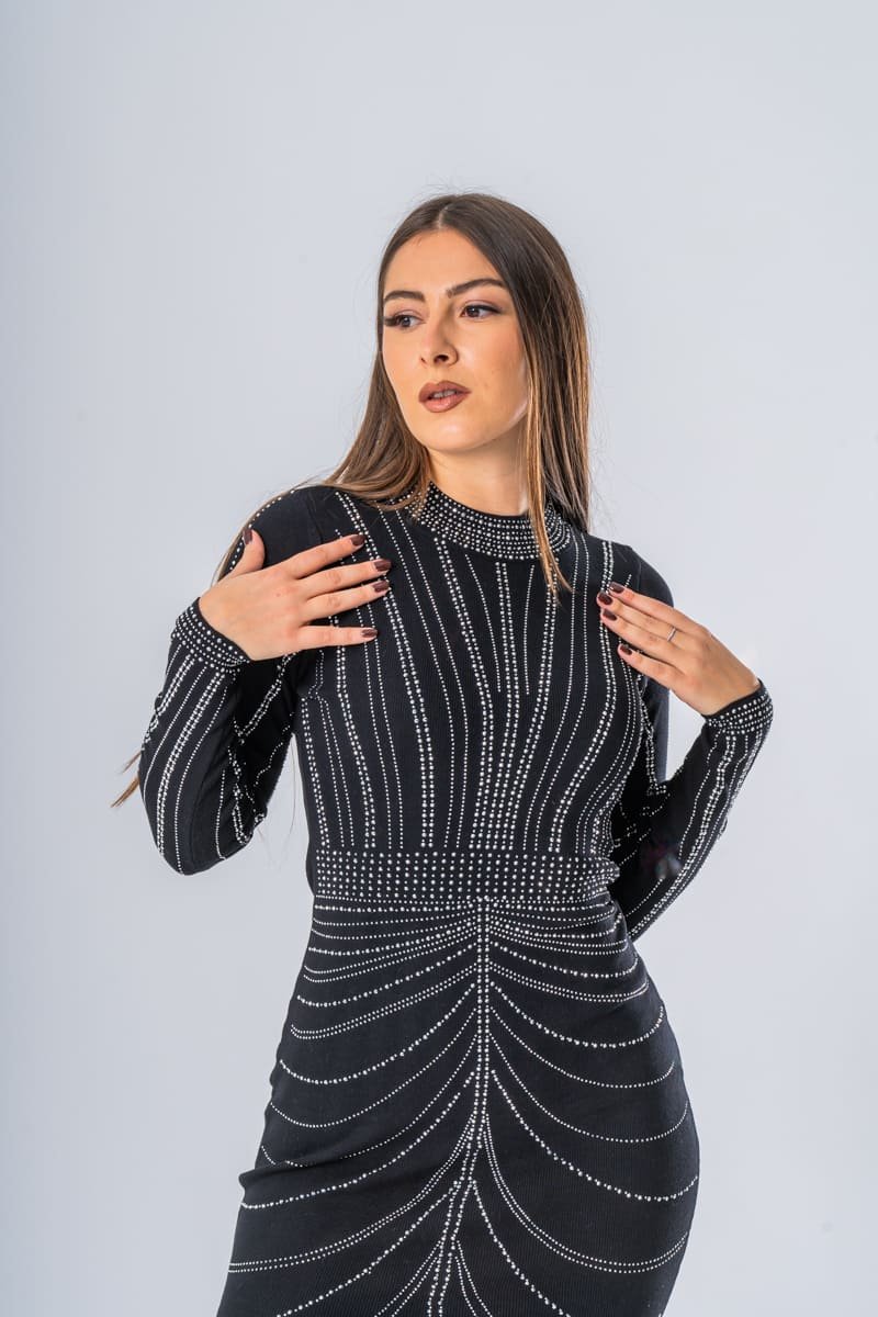 Pull manches longues strass noir femme