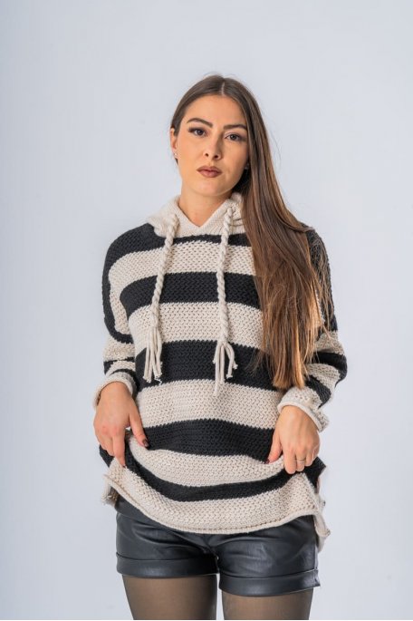 Black striped hooded sweater dress