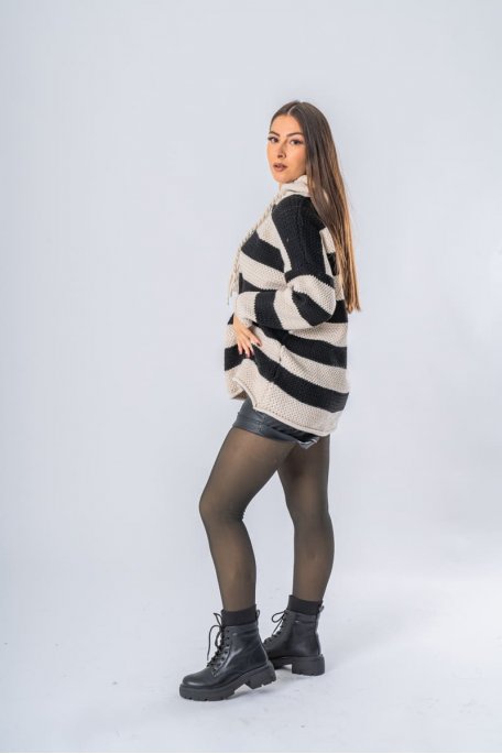 Pull long rayé à capuche noir - vue profil