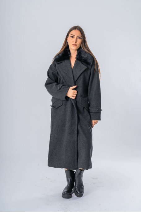 Manteau long col amovible fausse fourrure noir - vue face