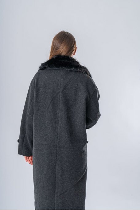 Manteau long col amovible fausse fourrure noir - vue dos