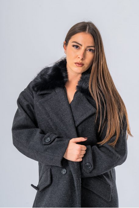 Long coat with removable faux fur collar, black