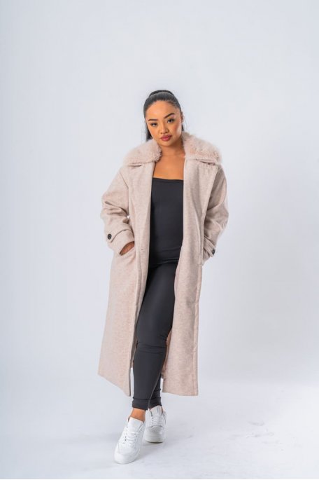 Manteau long col amovible fausse fourrure beige - vue face