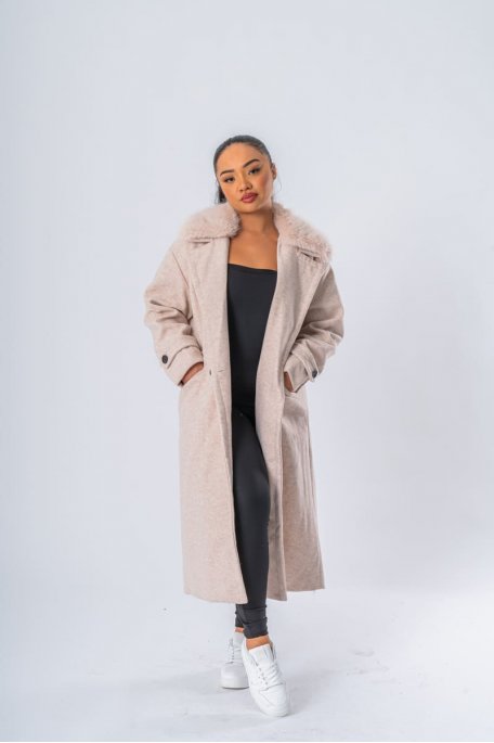 Manteau long col amovible fausse fourrure beige - vue face entier