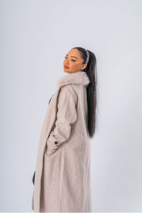 Long coat with removable collar in beige faux fur