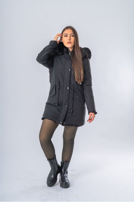 Black reversible faux fur hooded parka