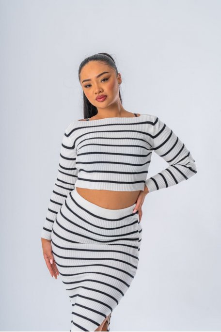 Ensemble crop top et jupe à rayures blanc - vue face