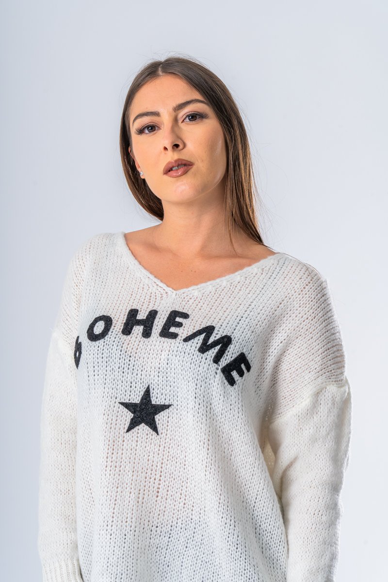 Pull col V "bohème" blanc - vue détails